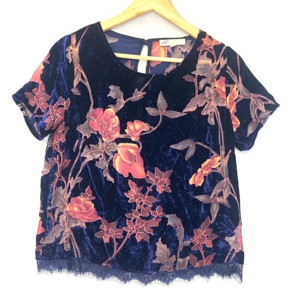 Vtg 90's Jolt Blue Velvet Burnout Sheer Lace Floral Top Medium Goth Grunge Fairy - Picture 1 of 14